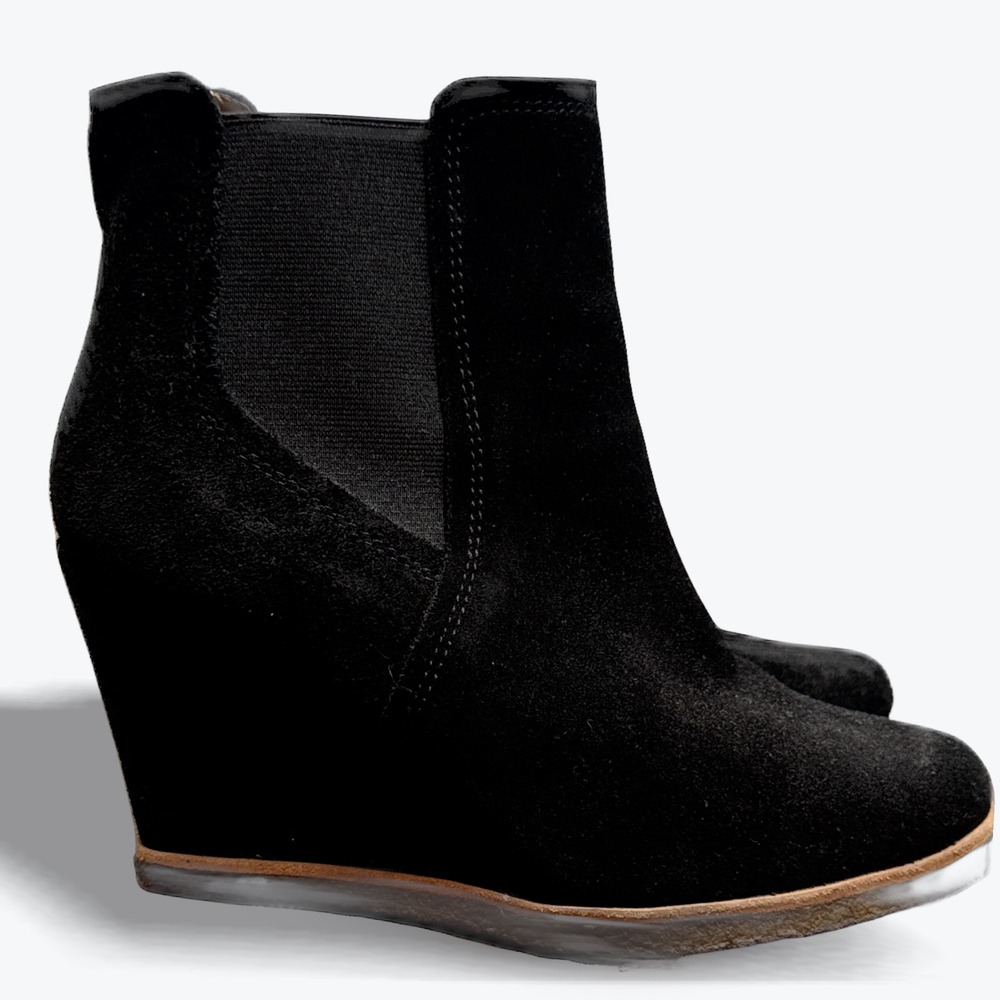 Splendid Wedge Ankle Boots Black‎ Suede Leather Booties Size 8.5M 3.5 inch Heel